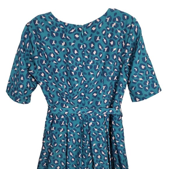 eShakti Size M 8 Dress Crepe Fit Flare Leopard Print Matching Belt Scoop Teal - Picture 9 of 13